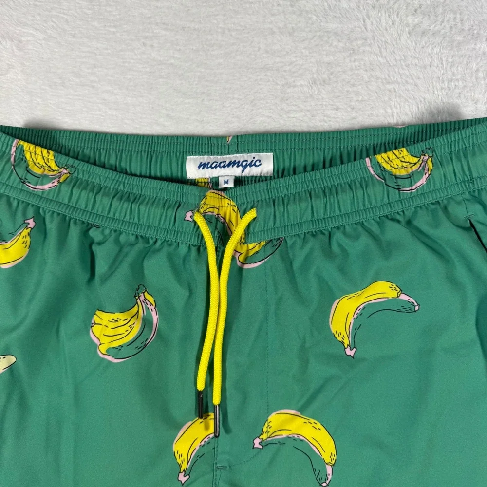 Maamgic‎ Swim Trunks Mens Medium Vibrant Green Banana Print Quick Dry Mesh Liner